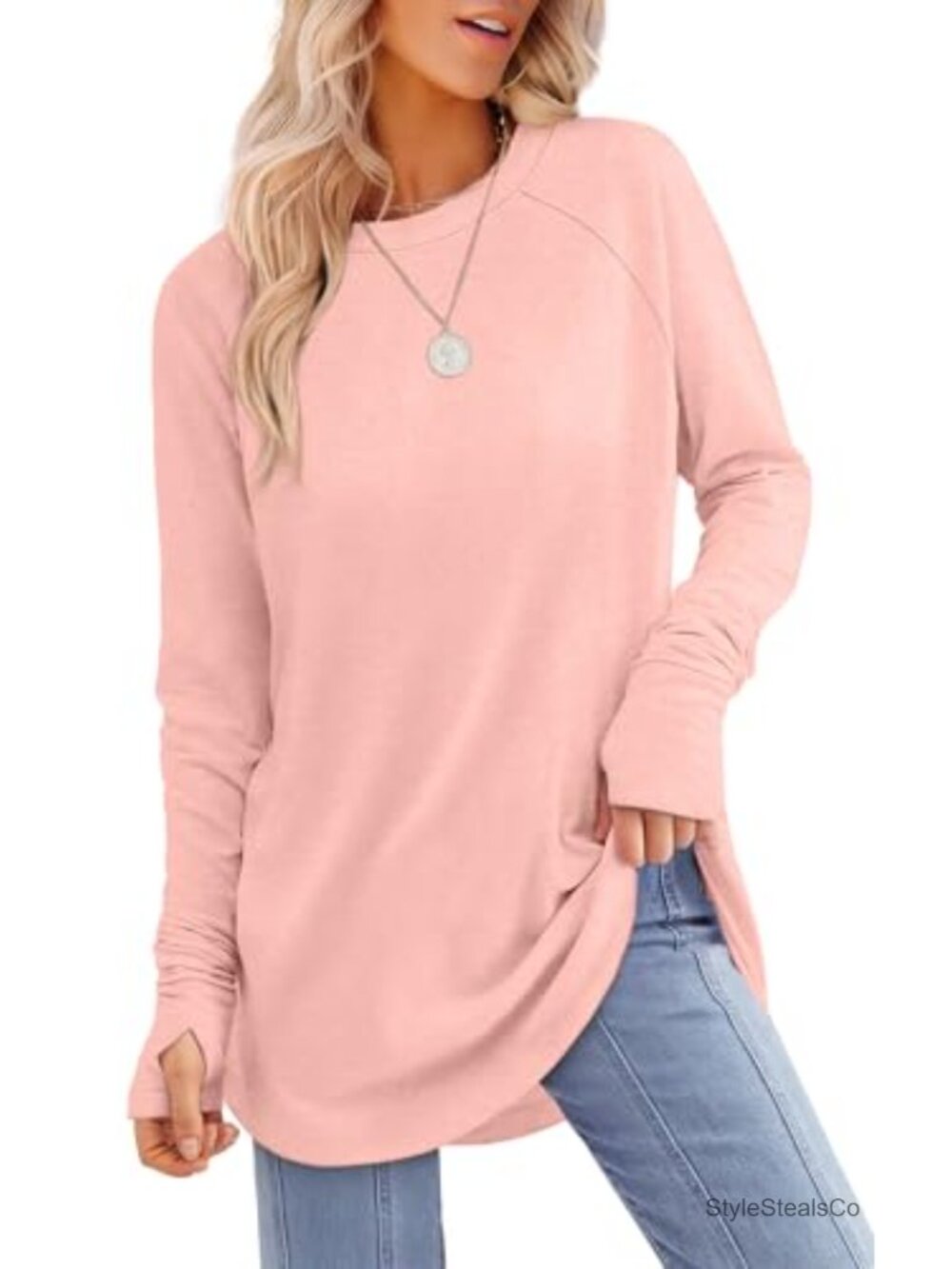 Women's Tunic Long Sleeve Thumb Hole Crew Neck Loose Fit Curved Hem